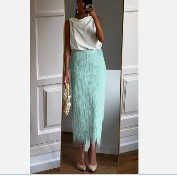 Zara Fringed Midi Skirt pencil straight Sea Green M NWT